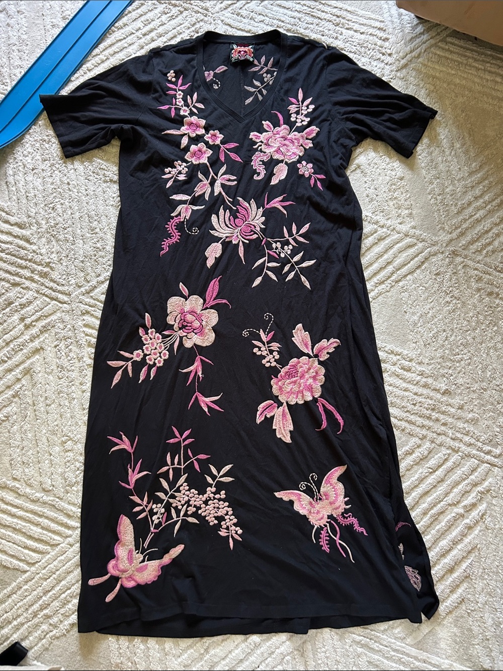 Johnny was Black V-Neck Floral Embroidered Dress - Pink Accents